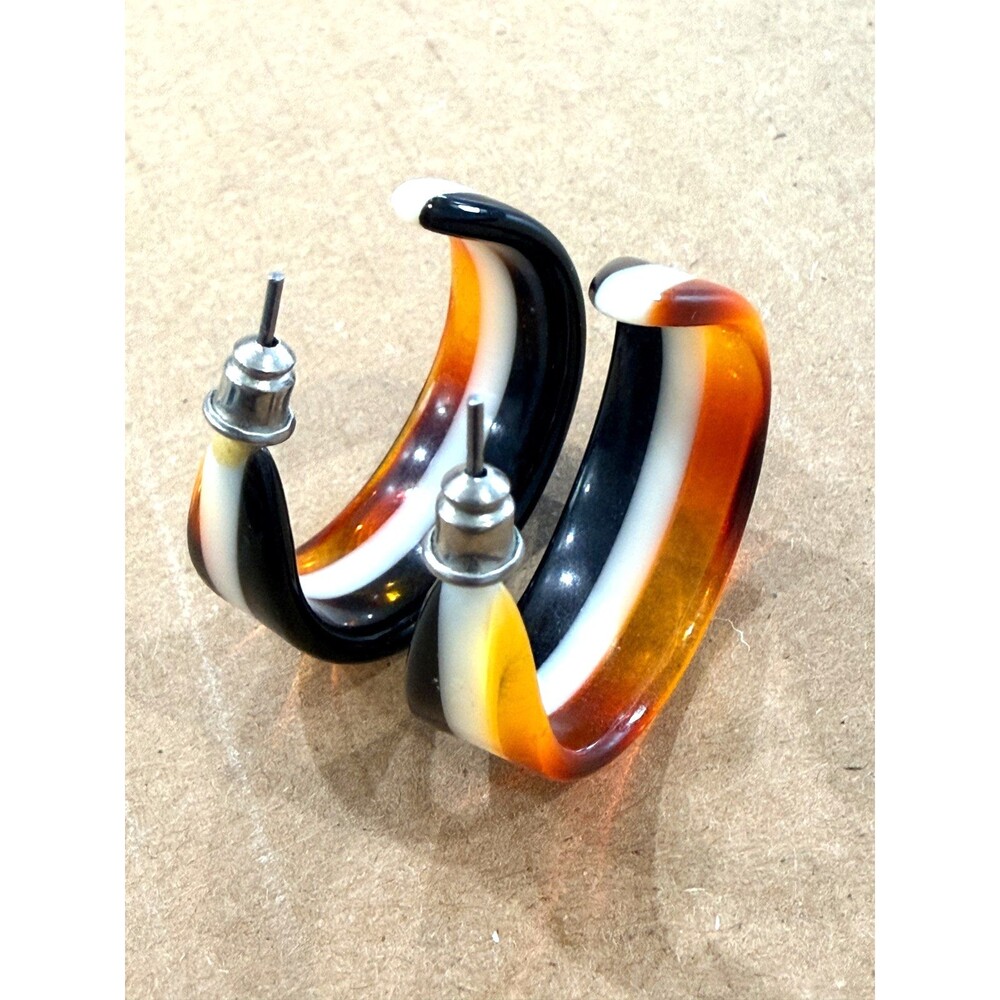 Lucite Colorful Striped Hoop Earrings Golden Yellow Orange White Brown Vintage
